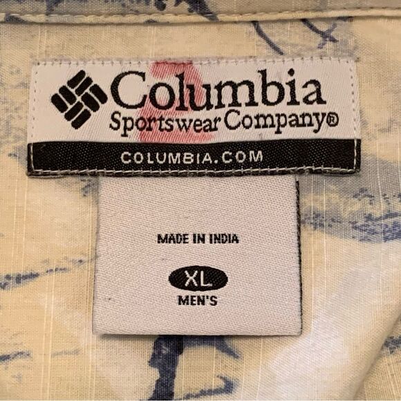 COLUMBIA Shirt Mens 100% Cotton Short Sleeve Button Up Cream Blue Swordfish. - Picture 7 of 10